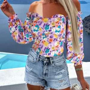 Λιλά floral μπλούζα με φούσκα μανίκι και cups