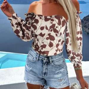 Καφέ Floral μπλούζα με φούσκα μανίκι και cups
