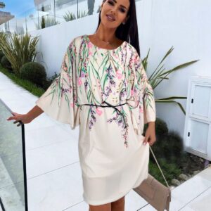 Μπεζ floral φόρεμα με ρεγκλάν μανίκι και ζώνη