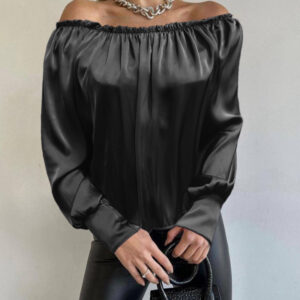 Μαύρη σατέν μπλούζα χαμόγελο με μανσέτα στο μανίκι