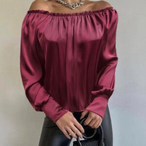 Μπορντό σατέν μπλούζα χαμόγελο με μανσέτα στο μανίκι