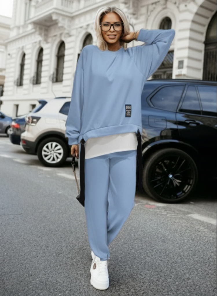 2 Σετ ασύμμετρη δίχρωμη μπλούζα - παντελόνα