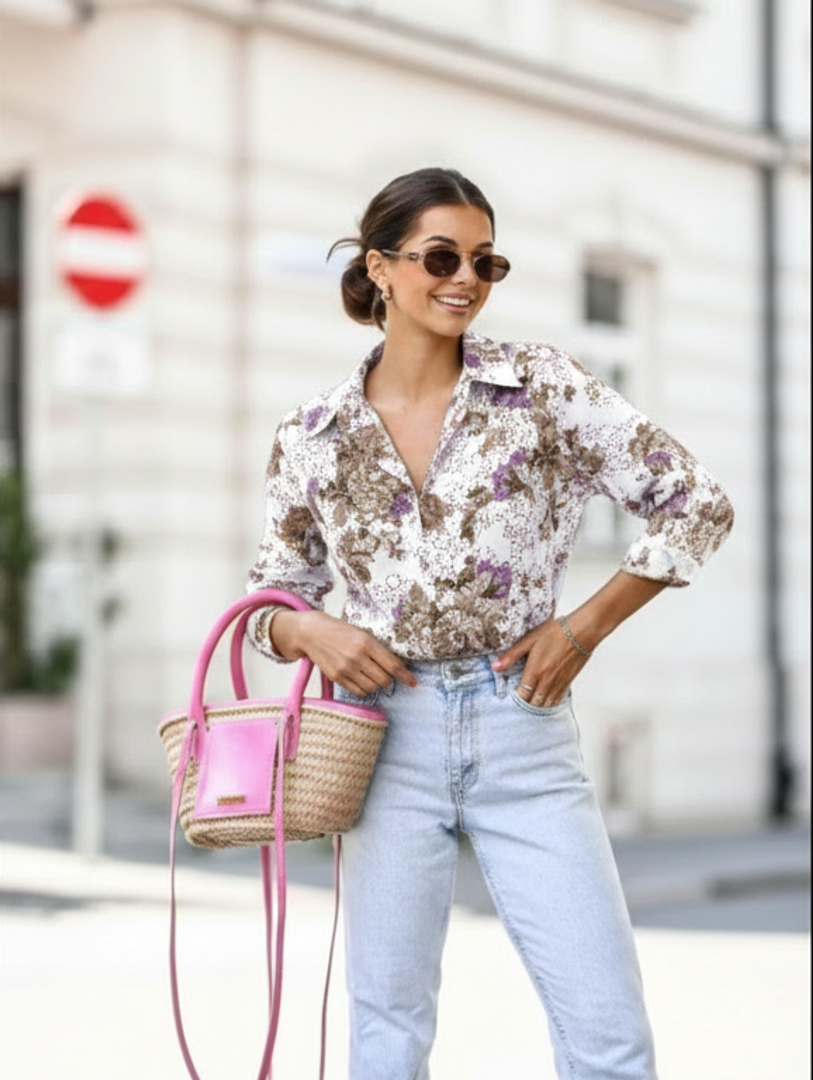 1.1 Ελαστικό εμπριμέ πουκάμισο από δανδέλα με 3/4 μανίκι