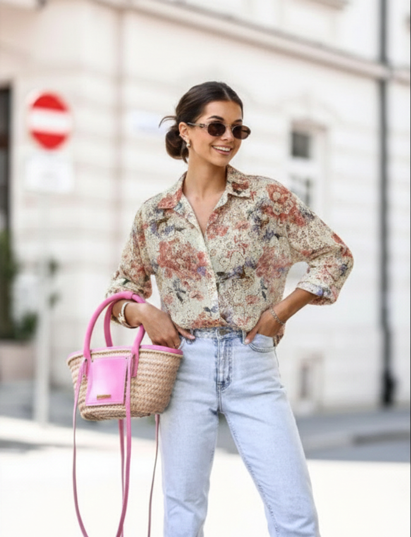 2 Ελαστικό εμπριμέ πουκάμισο από δανδέλα με 3/4 μανίκι